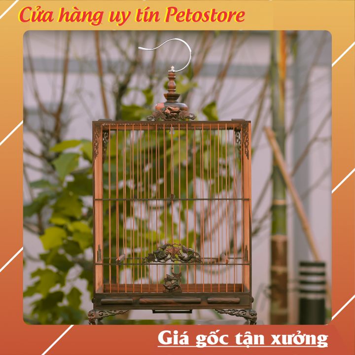 Lồng chim chào mào PETOSTORE lồng chim vuông gỗ mun đuôi công cao cấp LCT8
