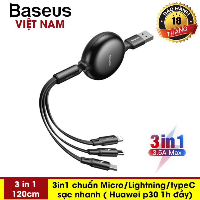 Cáp sạc đa năng siêu bền 3 đầu chuẩn Micro USB Iphone Ipad Type C thiết kế dây rút tiện dụng sạc 3 thiết bị một lúc đến từ thương hiệu Baseus - Phân phối bởi Baseus Vietnam