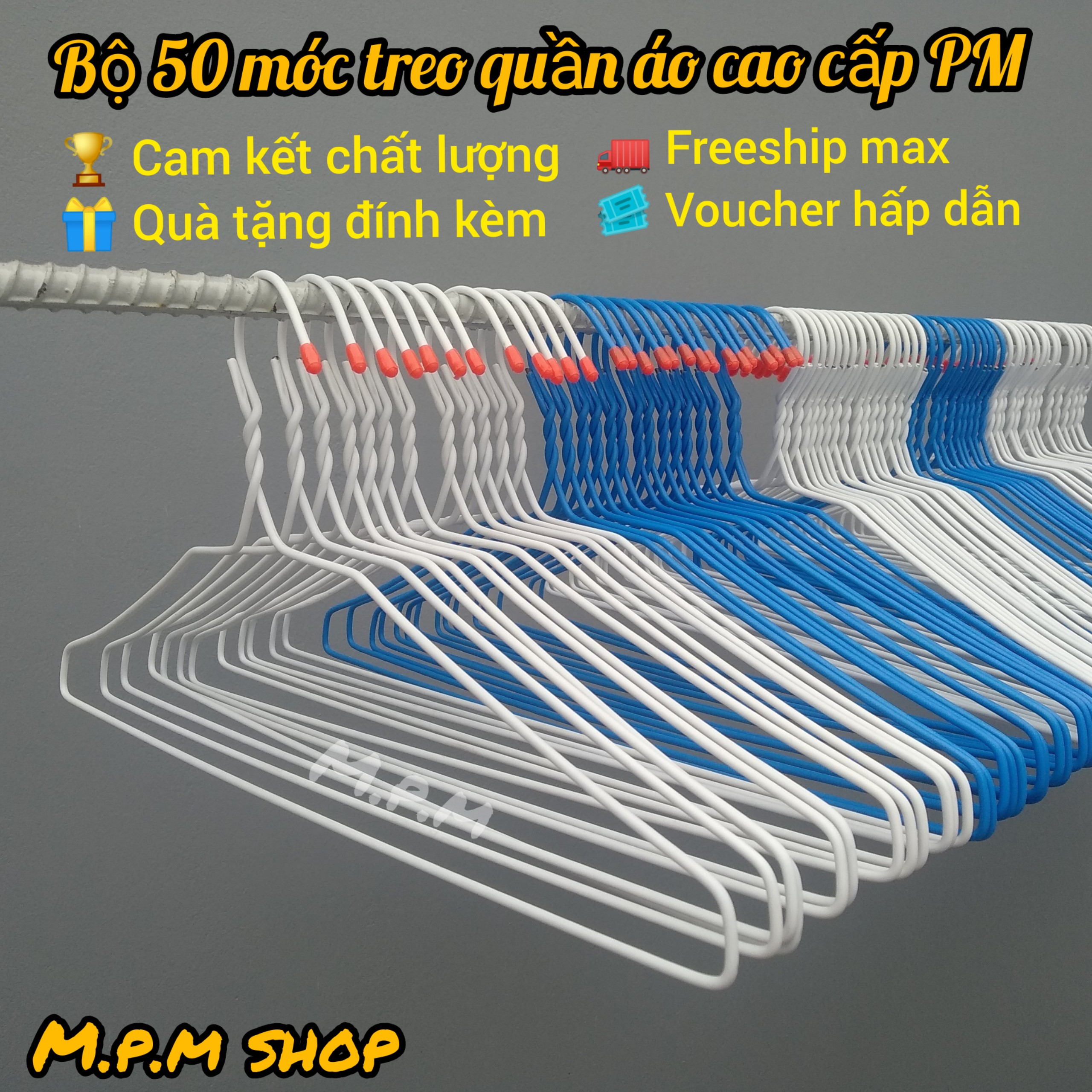 Bộ 50 Móc phơi quần áo cao cấp PM -Loại Dày-5 Màu [MUA 1 BỘ TẶNG 2 QUÀ, ĐƯỢC CHỌN MÀU] - Móc treo quần áo thép phủ nhựa PP cao cấp chống oxy hóa ăn mòn - loại Dày - Cloth Hanger