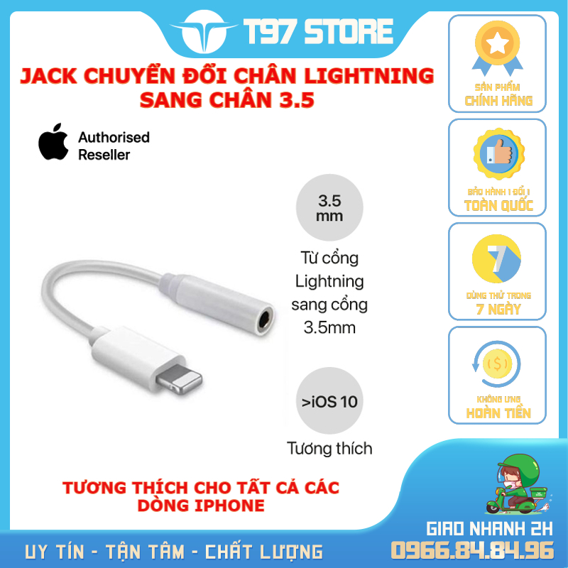 Jack chuyển, Cáp chuyển đổi lightning sang 3.5 Chính Hãng cho IP-BH 12 Tháng