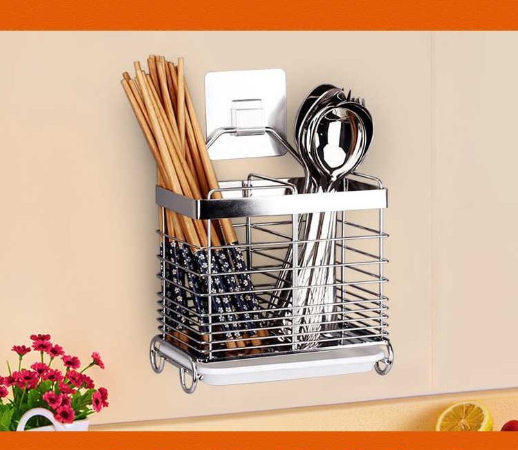 Ống Đũa INOX SUS304, Giá Đựng Đũa Nhà Bếp Có Khay Chứa Nước Lắp Đặt Dán Tường Không Cần Khoan - IU304