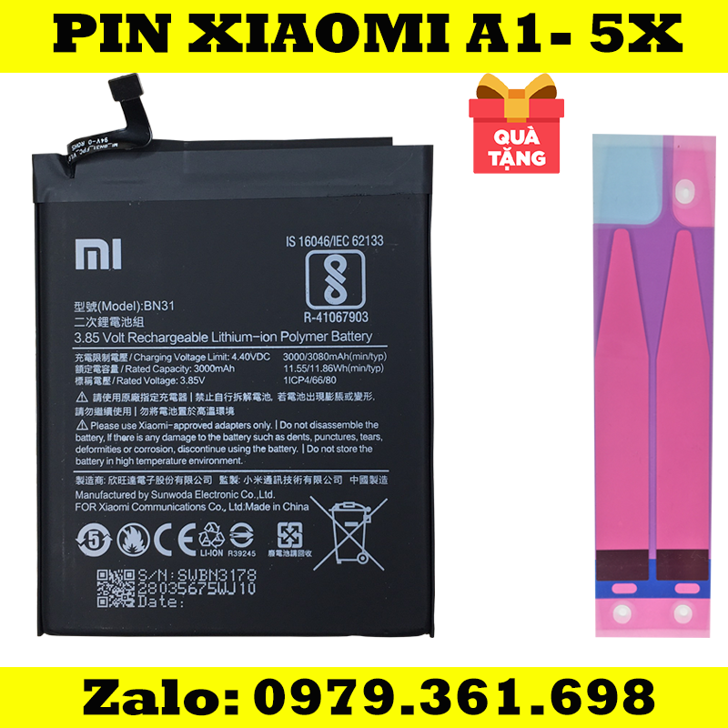 Pin bn31 dành cho điện thoại xiaomi mi a1, mi 5x, redmi note 5a bn31 3080mah