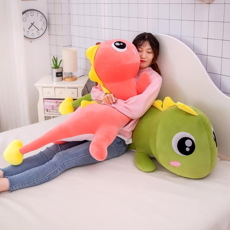 Gối ôm gấu bông khủng long mắt lồi đuôi tim vải nhung co dãn 4 chiều 6 SIZE