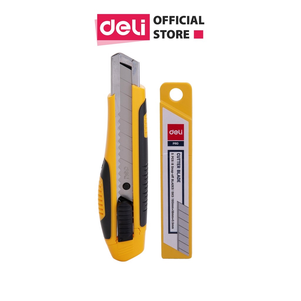 hot [Mã LIFEDE10 giảm 8 đơn 99K] Dao rọc giấy Deli cao su mềm kèm hộp lưỡi dao loại 8 lưỡi tách rời vàng - 1 cái - E2068