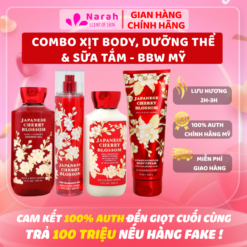 HÀNG MỸ-JAPANESE CHERRY BLOSSOM - Body mist xịt thơm, sữa dưỡng thể & sữa tắm BBWs giúp trắng sáng da dưỡng ẩm da - Narah ScentOfSkin