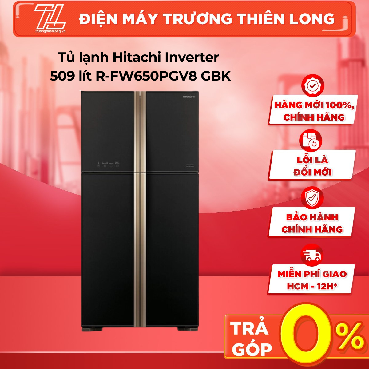 Tủ lạnh Hitachi Inverter 509 lít R-FW650PGV8(GBK) - Bảng điều khiển ngoài cảm ứng Chuông báo khi quên đóng cửa Chế độ cấp đông nhanh - TRẢ GÓP 0% - GIAO TOÀN QUỐC - NGOÀI HCM TÍNH PHÍ