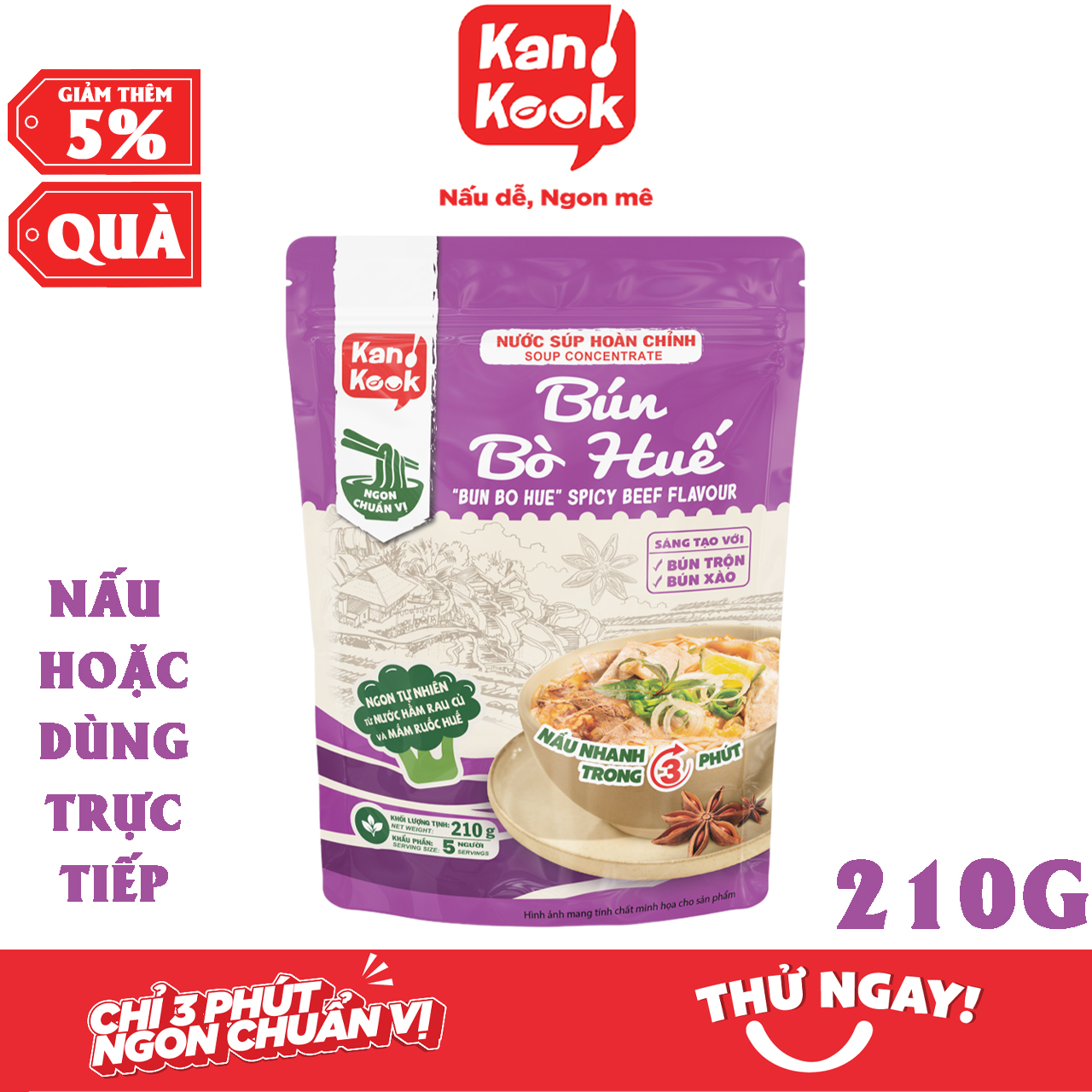 Nước Súp Hoàn Chỉnh Kankook Gói 210g Vị Bún Bò Huế Gói 210g Nấu/Trộn Ăn Liền Nước Dùng Hoàn Chỉnh Chuẩn Vị Bún Bò Huế