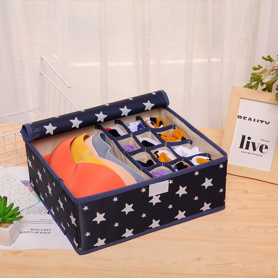 [HCM] Hộp đựng quần áo đồ lót, tất vớ bằng vải 13 ô, hộp lưu trữ vớ quần áo có nắp đậy, thiết kế gấp gọn, tiện dụng