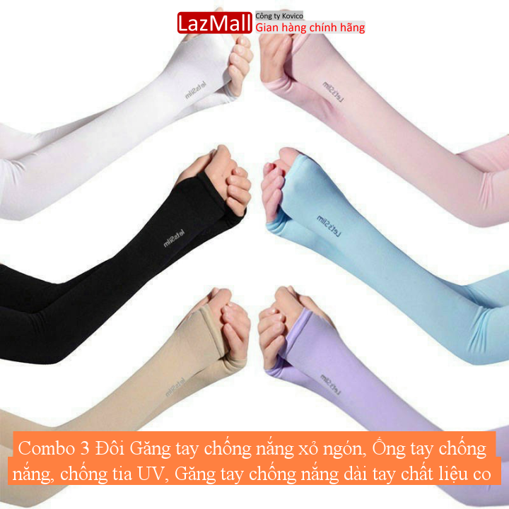 Combo 3 Đôi Găng tay chống nắng xỏ ngón, Ống tay chống nắng, chống tia UV, Găng tay chống nắng dài tay chất liệu co dãn thoáng mát