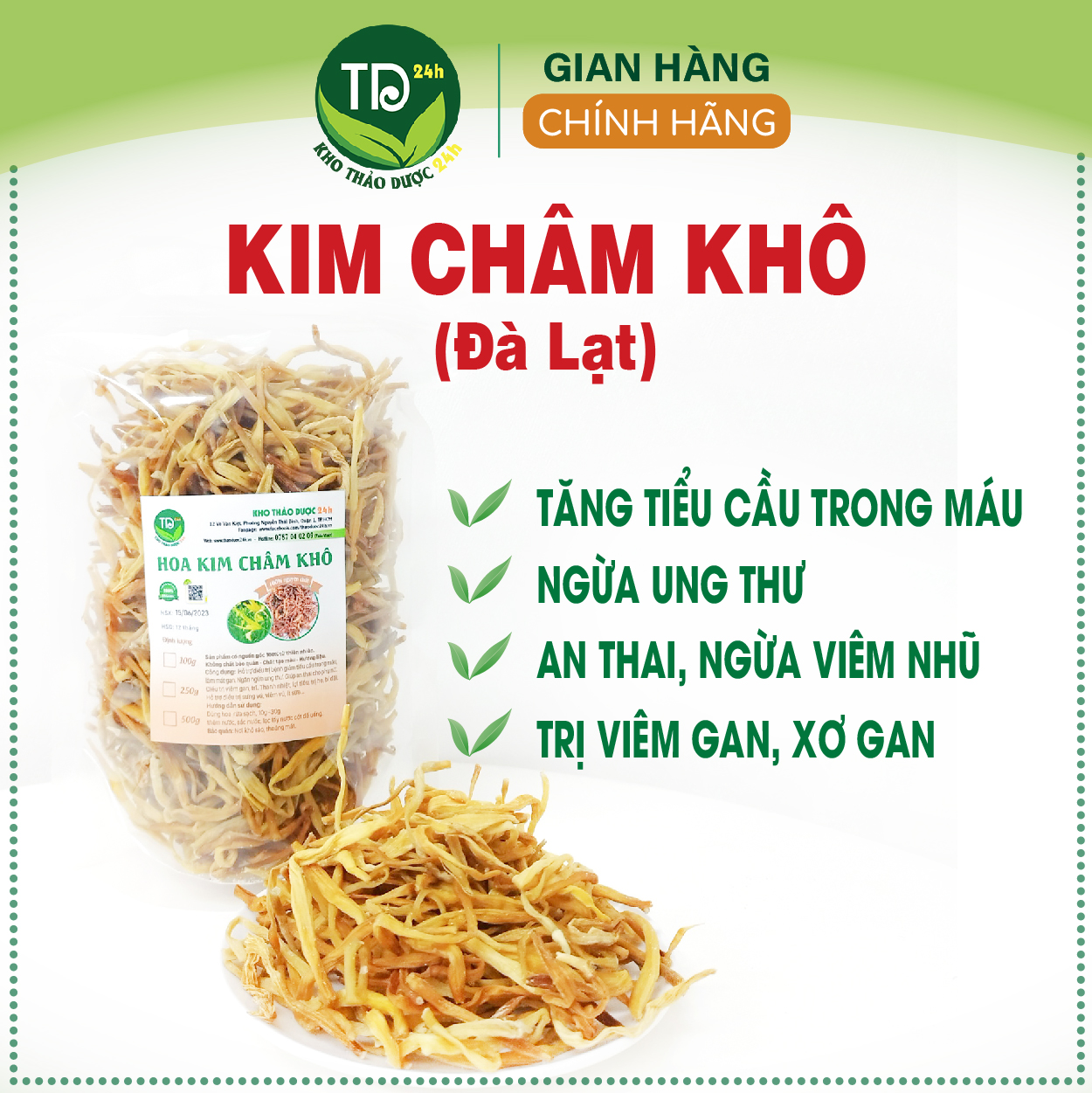 [250 gr] Hoa kim châm sấy khô Đà Lạt, tăng tiểu cầu trong máu, thanh nhiệt, giải độc, giảm viêm gan, an thai, cầm máu, làm đẹp da, giảm stress, ngủ ngon, 100% thiên nhiên | Kho thảo dược 24h