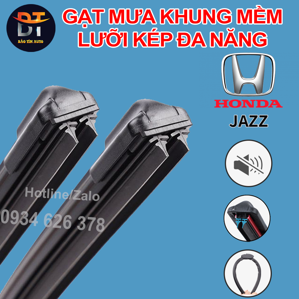 [LƯỠI KÉP] Bộ gạt mưa lưỡi kép cao cấp HONDA JAZZ thanh cần gạt nước mưa 2 lưỡi khung mềm đa năng, gạt kính ô tô, thanh chổi gạt mưa xe ô to HONDA JAZZ, lá lúa gạt mưa, cần lưỡi gạt nước kính oto xe hơi