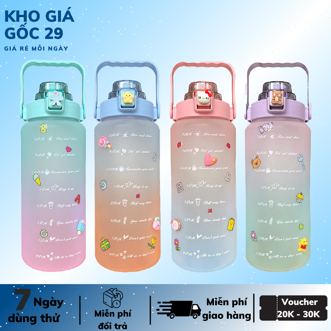 Bình nước 2l, có vạch hẹn giờ, nhiều màu sắc dung tích 2 lít