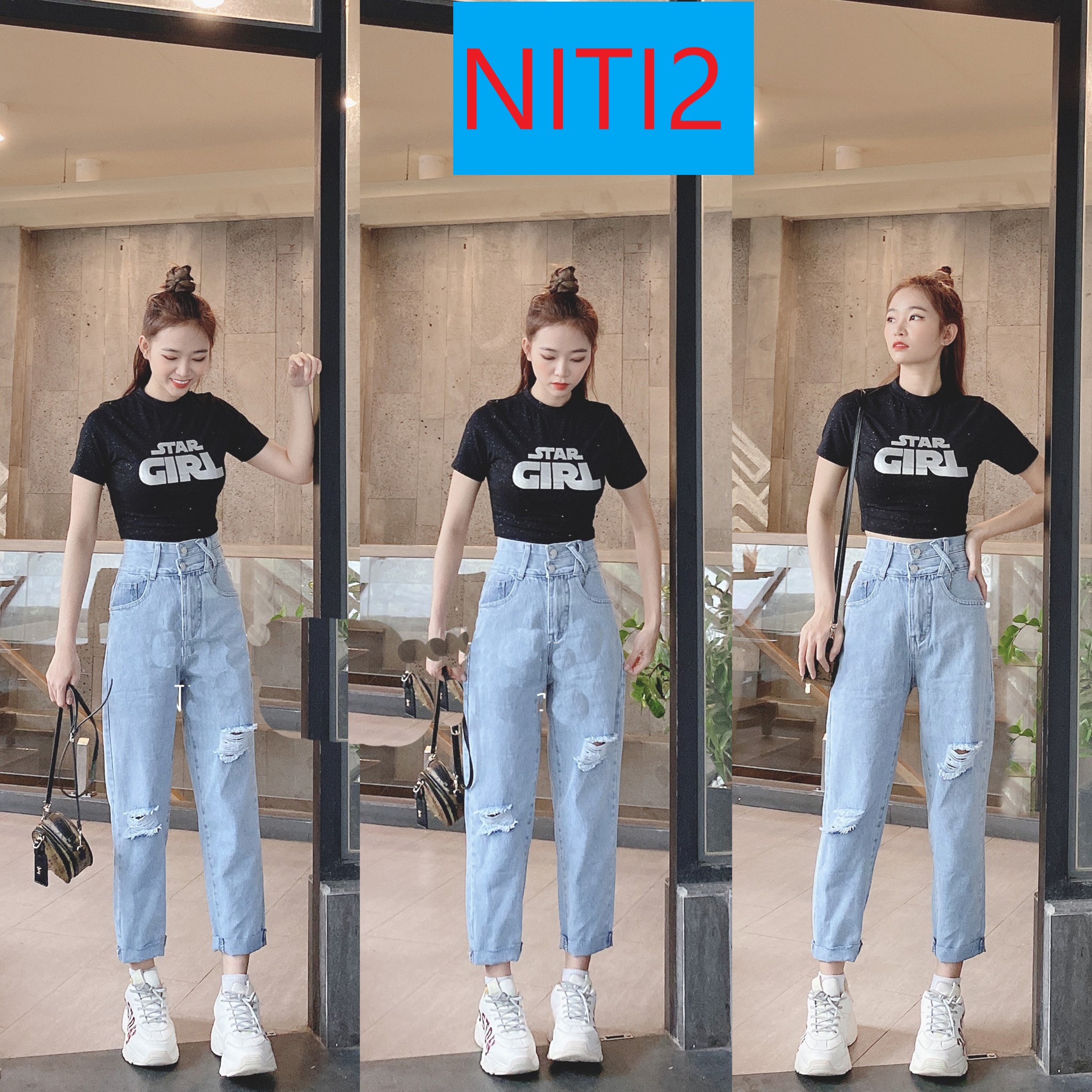 [ LẠ HOẮC ] QUẦN BAGGY JEAN NỮ LƯNG CAO RÁCH TO 2 GỐI XẺ NỮA ĐĨA CHÉO MÀU XANH NHẠT SIÊU HOT SIÊU PHONG CÁCH NITI2
