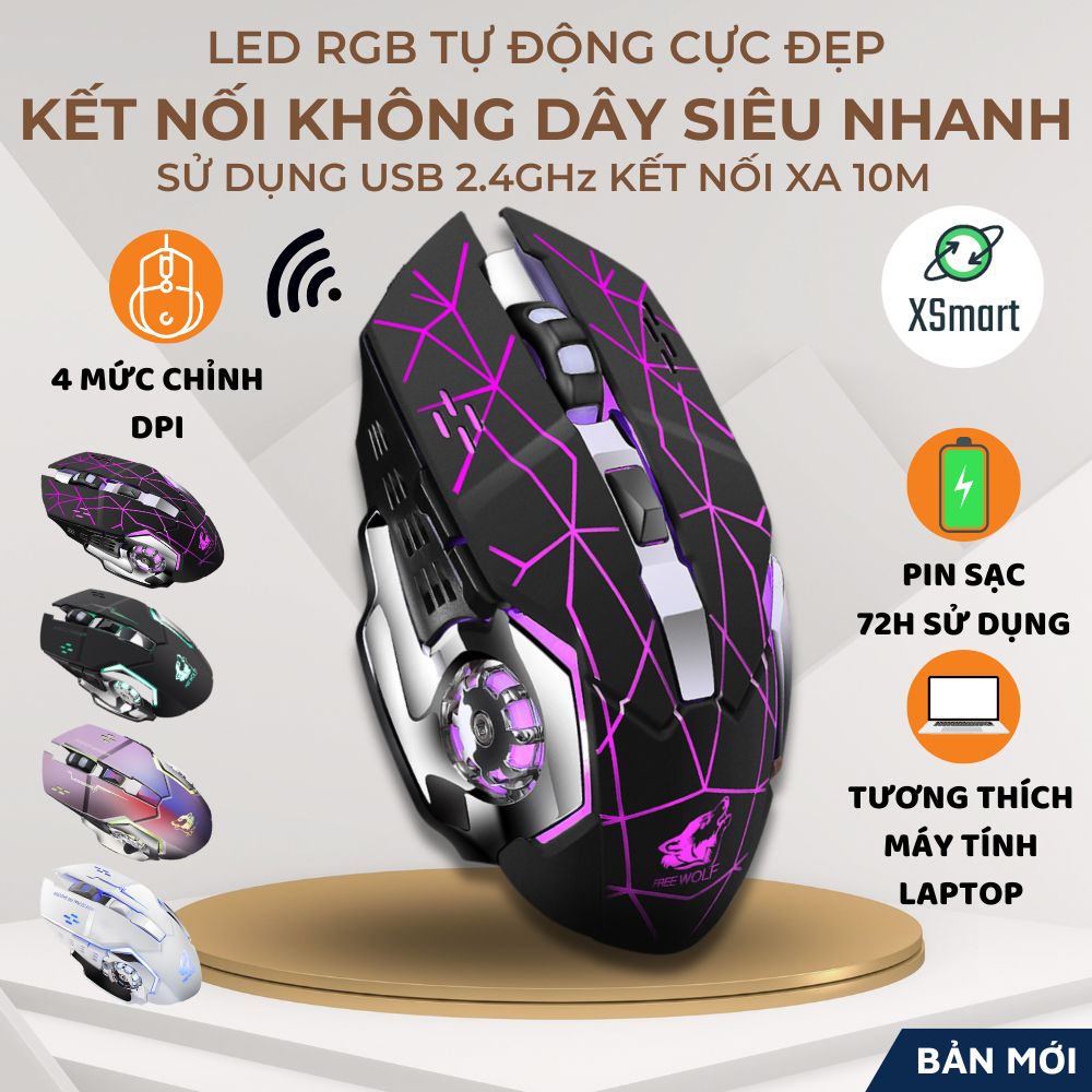 Chuột Không Dây X8 LED RGB AUTO Cực Đẹp Pin Sạc Dùng Cực Trâu Chuột Chơi Game Không Dây Chỉnh Được DPI Lên Đến 2400 Tương Thích Với Windows MacOS Tivi - XSmart