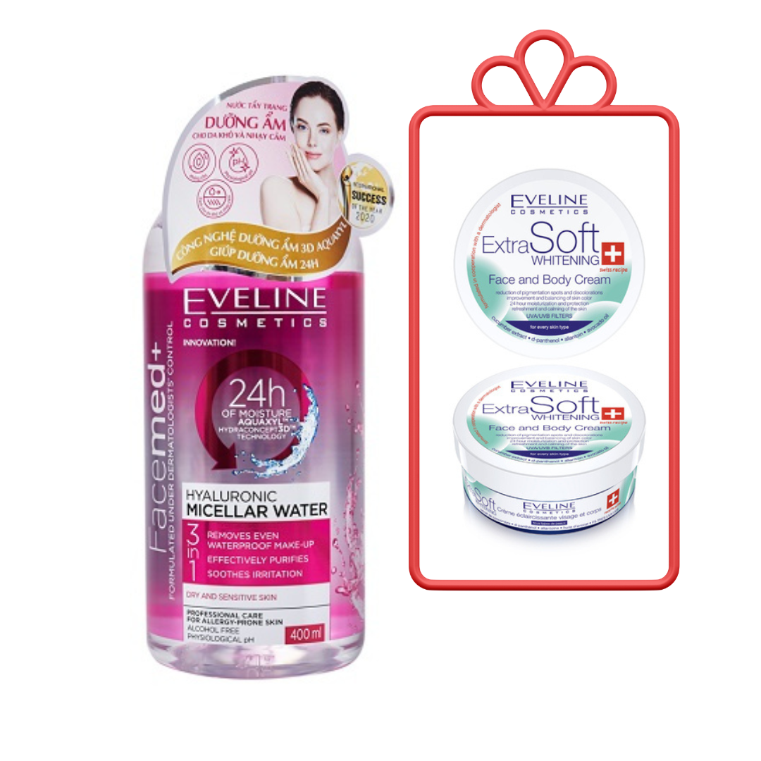 Nước tẩy trang Eveline Facemed+ dưỡng ẩm Hyaluronic 400ML TẶNG Kem dưỡng Eveline Extra Soft trắng da mặt - toàn thân 200ML