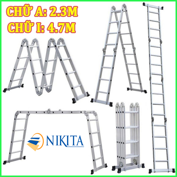 Thang nhôm gấp 4 đoạn [chữ I: 4.7m chữ A: 2.3m] Nikita Nhật Bản GA47 Bảo hành 2 năm