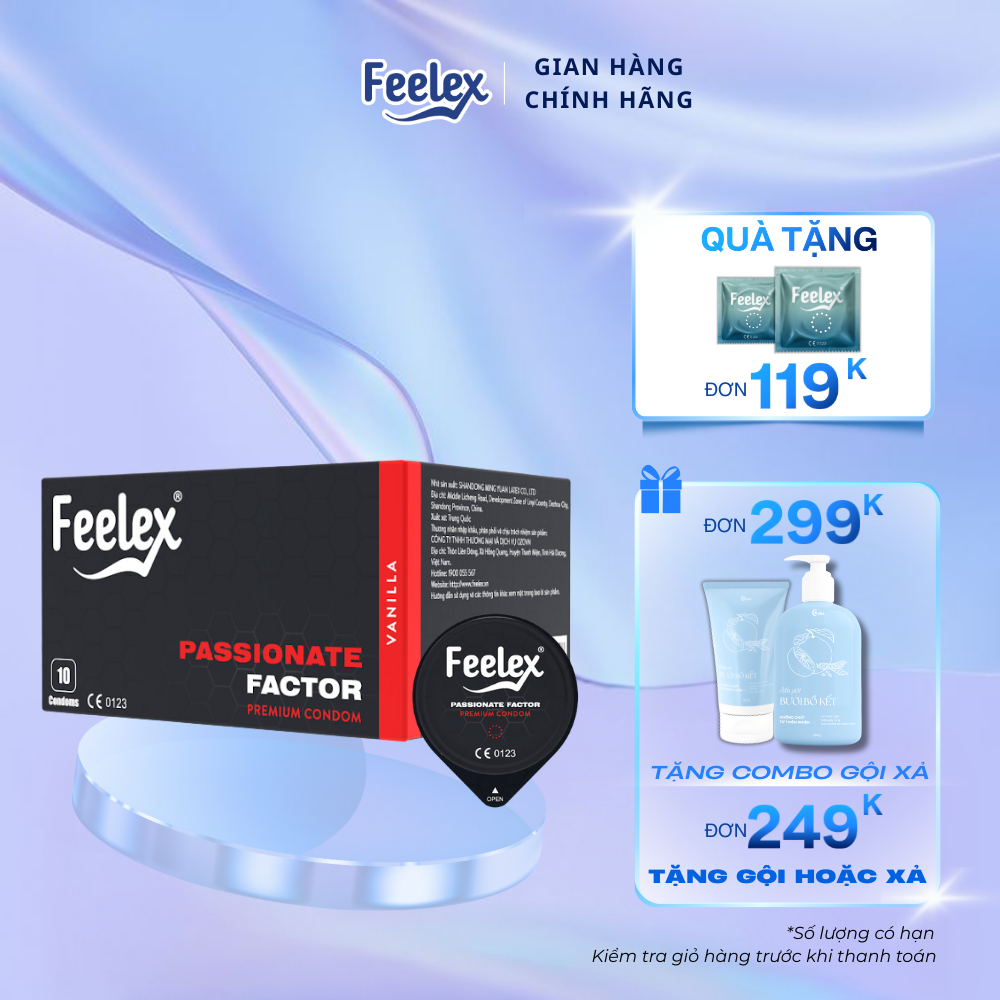 Bao cao su siêu trơn Feelex Passionate Factor siêu mỏng, truyền nhiệt, cảm giác chân thật, hộp 10 chiếc