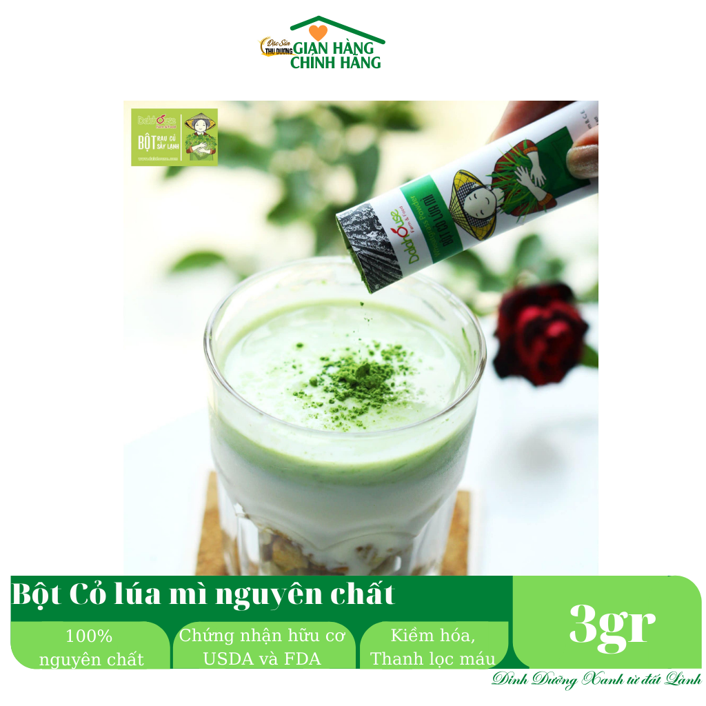 Bột cỏ lúa mì hữu cơ sấy lạnh Dalahouse - Bịch 3gr dùng thử - Kiềm hóa cơ thể, An toàn, tiện lợi, dinh dưỡng