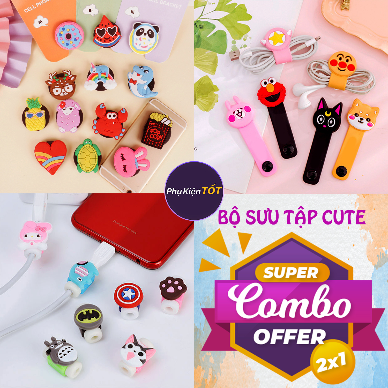 Combo Bộ 3 Món Bộ Sưu Tập Cute Giá Đỡ Điện Thoại, Dây Thu Gọn Cáp Sạc, Phụ Kiện Bảo Vệ Đầu Cáp Sạc Làm Nổi Phong Cách Cá Tính (Màu Ngẫu Nhiên)