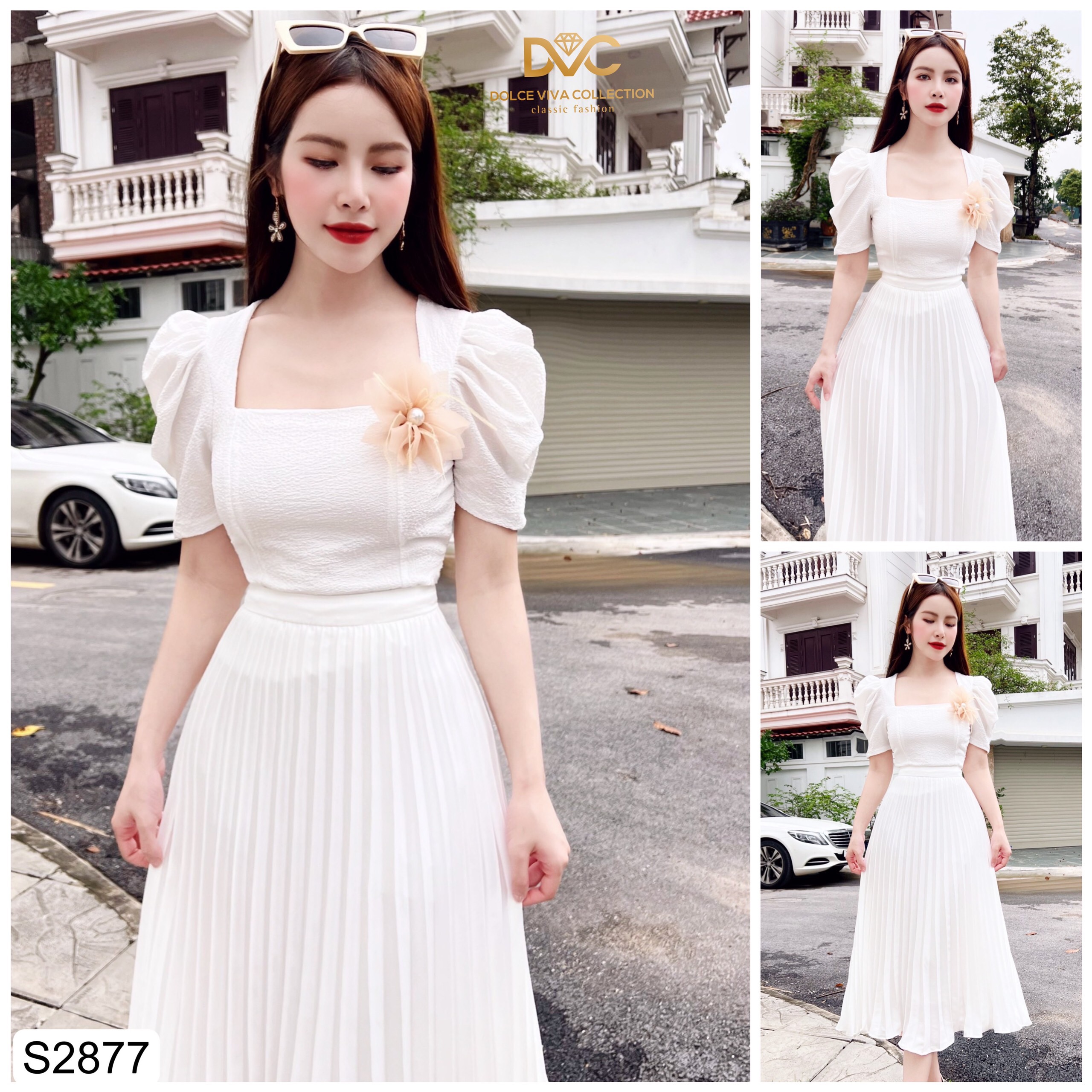 Set áo trắng cổ vuông tay bồng + cv trắng dập ly s2877 - dolce viva collection