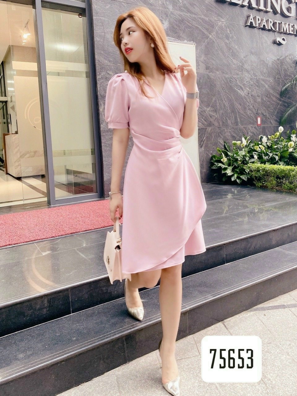 Đầm tay phồng đính ngọc trai hàng chuẩn from đẹp thời trang