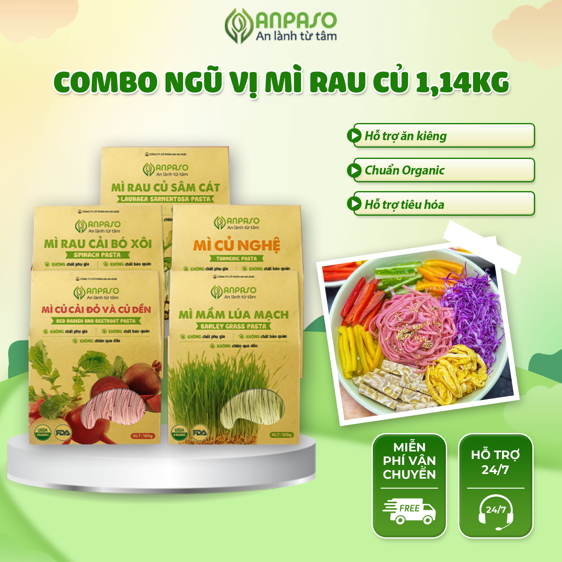 Mì rau củ hữu cơ Organic ANPASO mix 5 vị trong lượng 1,14kg, Mỳ rau củ combo mix 5 vị trọng lượng 1,14kg Phù hợp ăn kiêng