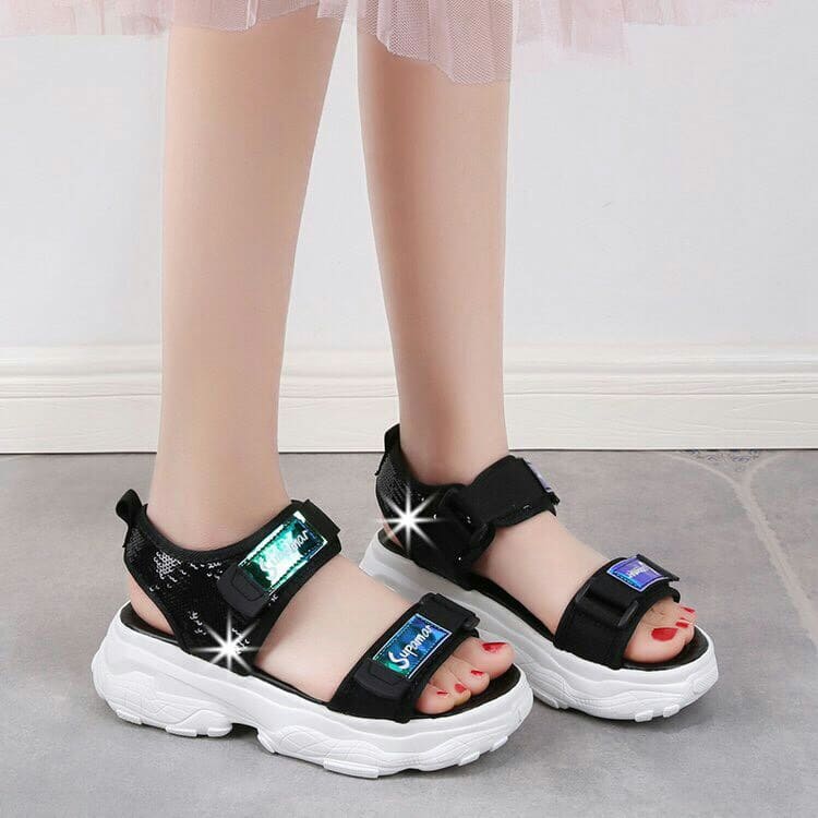 Sandal nữ quai ngang phản quang đế cao 5 phân - hottrend 2020