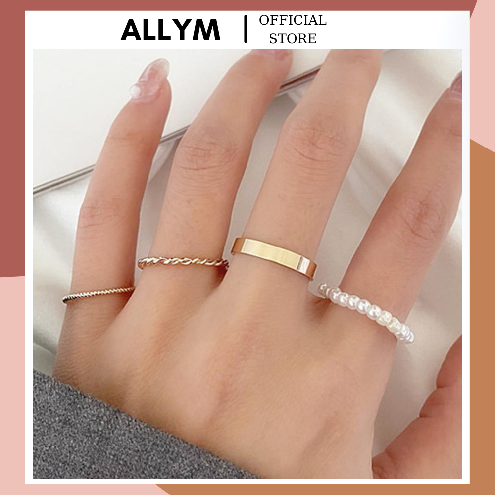 Set nhẫn, bộ nhẫn 4 món hạt cườm phong cách Hàn Quốc ALLYM.Accessories