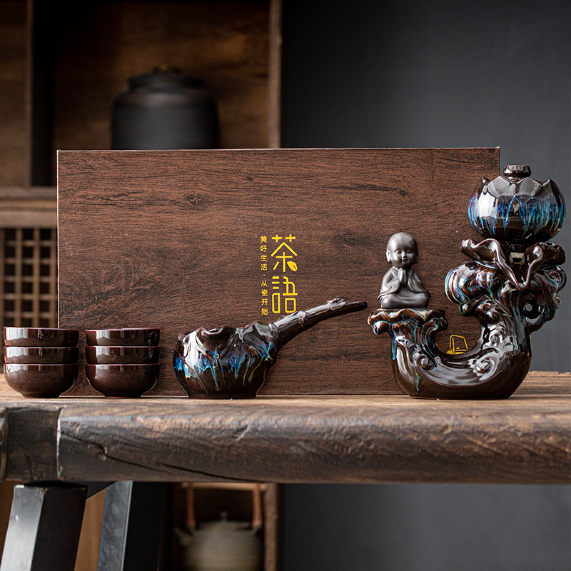 Bộ ấm chén pha trà tự động kiểu cối xay men thiên mục