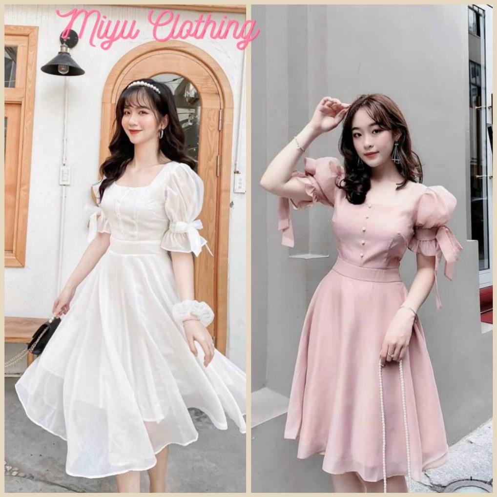 Đầm trắng cổ vuông tay voan nơ váy nữ trắng hồng dạo phố dáng xòe tôn da chất liệu tơ xốp mịn 2 lớp full VayNhaYu