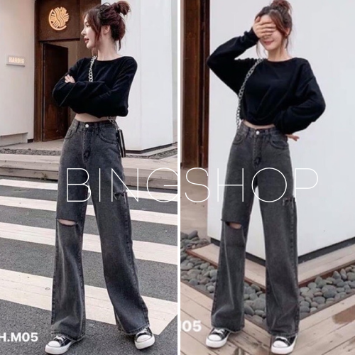 [Freeship] Guuhouse Quần jeans nữ  quần bò suông ống rộng rách gối màu xám vải đẹp
