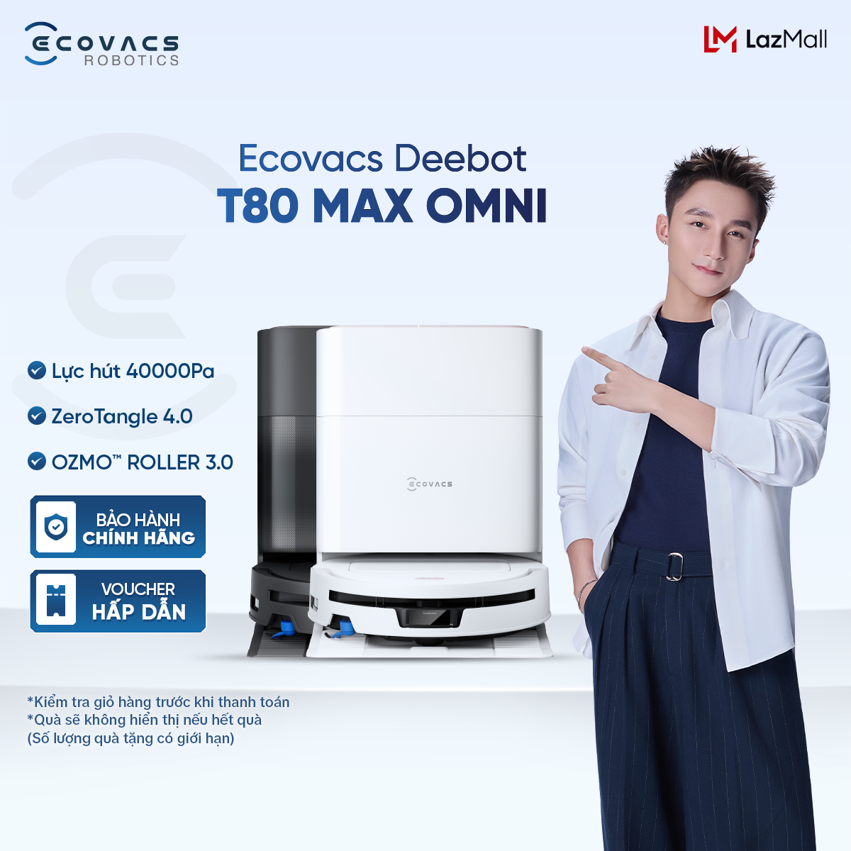 Ecovacs Deebot T80 Max Omni Robot Vacuum Cleaner and Mop |   Suction Force 40000Pa |   Anti-Tangle Zerotangle ™   4.0