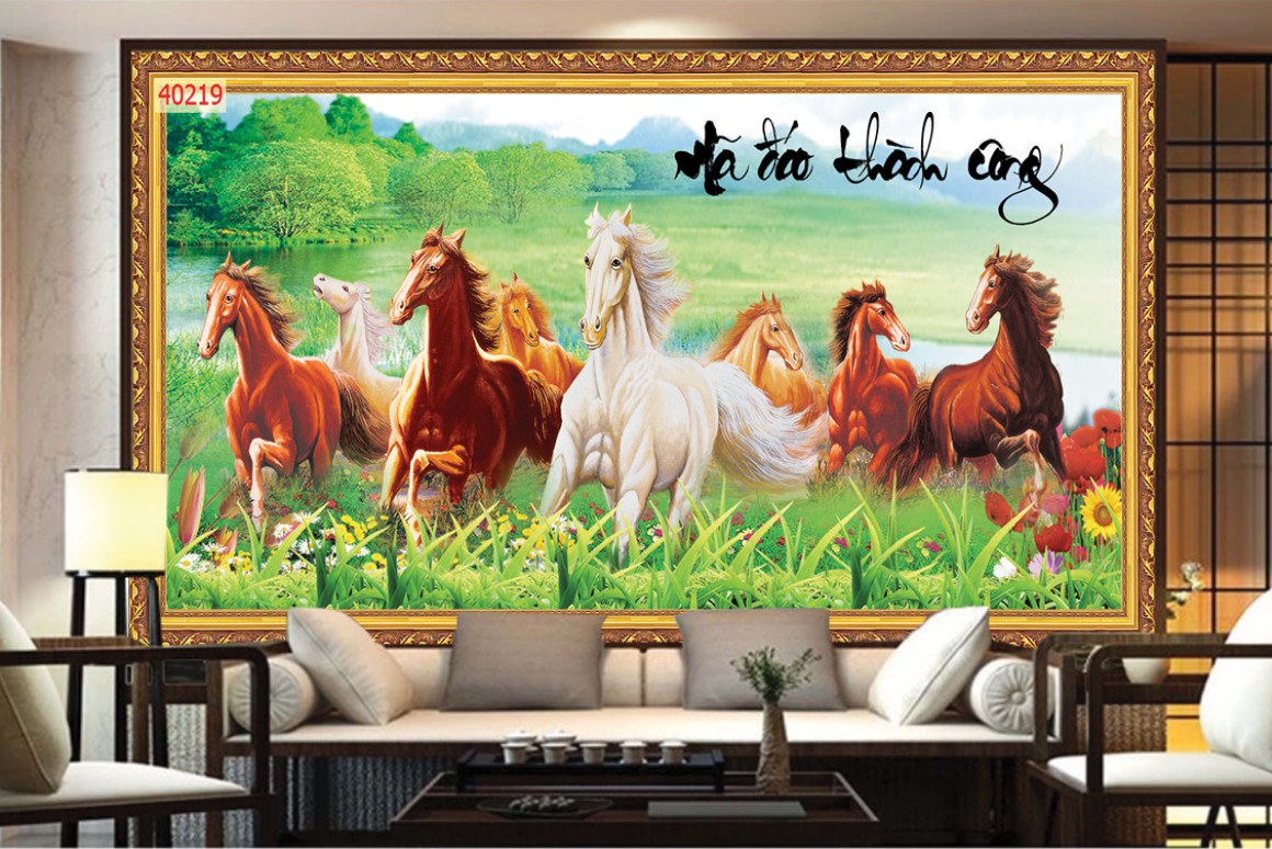 Tranh dán tường 3d mã đáo thành công ngựa phong thủy trang trí  nhà cửa phòng khách hàng quán đẹp giá rẻ chất liệu decal pp keo sẵn bóc dán