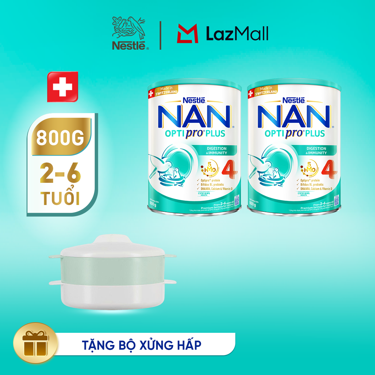 [Tặng Bộ xửng hấp] Bộ 2 Lon Sữa bột Nestlé NAN OPTIPRO PLUS 4 với 5HMO xuất xứ Thụy Sĩ  - Hộp 800g cho bé từ 2 - 6 tuổi - Sữa công thức dinh dưỡng cho trẻ giúp hỗ trợ tiêu hóa, đề kháng, trí não và phát triển toàn diện