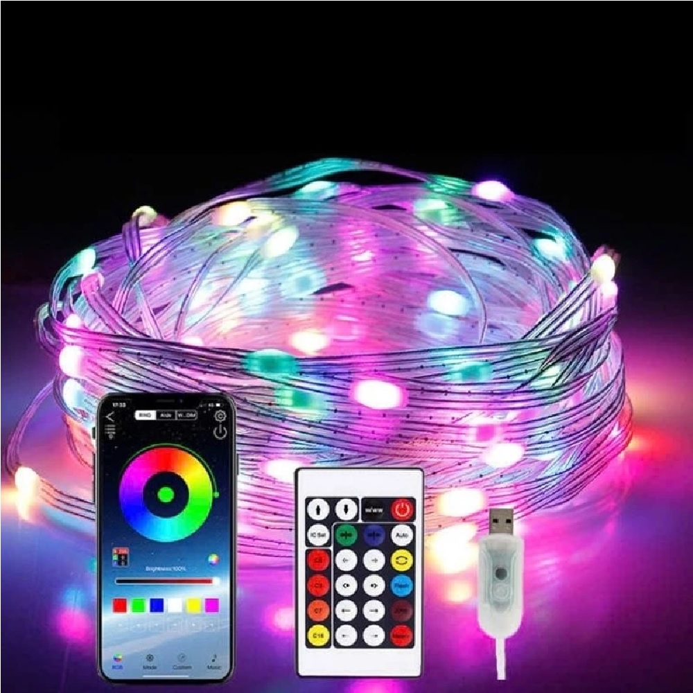 Đèn Led đuổi 10M Dây đèn RGB 5V nháy theo nhạc, chống nước chỉnh app điện thoại + điều Khiển