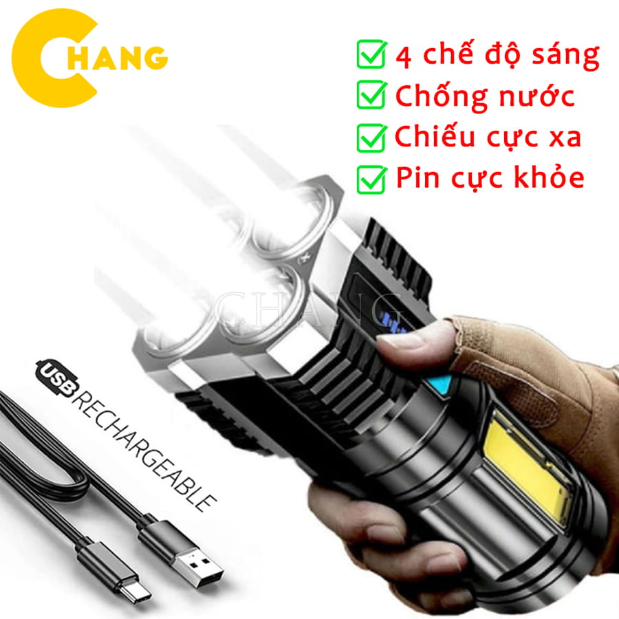 Đèn pin cầm tay chiếu xa siêu sáng 4 bóng 4 chế độ sạc usb, đèn pin led, du lịch
