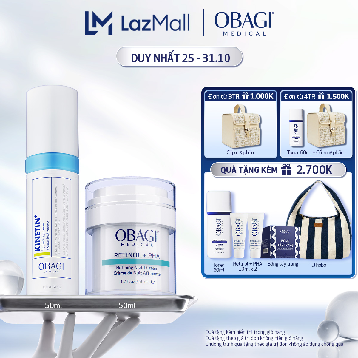 Bộ đôi Kem tái tạo  ngăn ngừa lão hóa da Obagi Medical Retinol + PHA 50ml và Kem Dưỡng Dịu Da Kinetin+ Hydrating 50ml