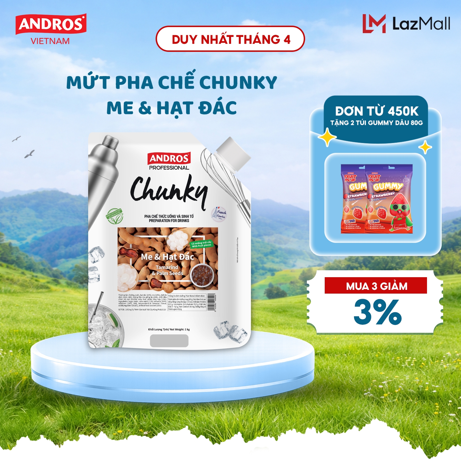Mứt Pha Chế Me & Hạt Đác - Có Miếng Trái Cây Thật - Nguyên liệu pha chế -  ANDROS CHUNKY - 1KG