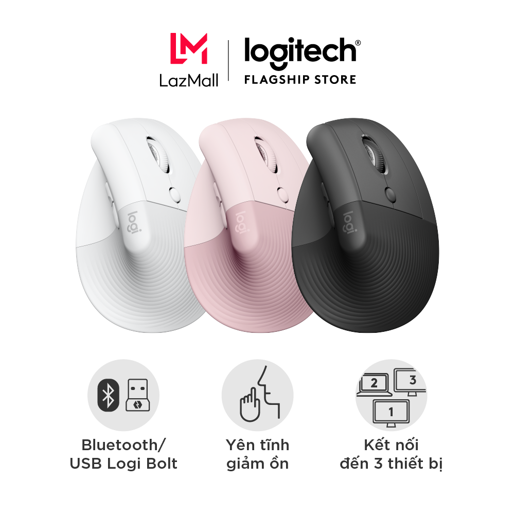 Chuột công thái học không dây Logitech Lift Vertical BluetoothUSB Logi Bolt Silent giảm ồn 4 nút tùy chỉnh tương thích với Windows/macOS/iPadOS Laptop PC