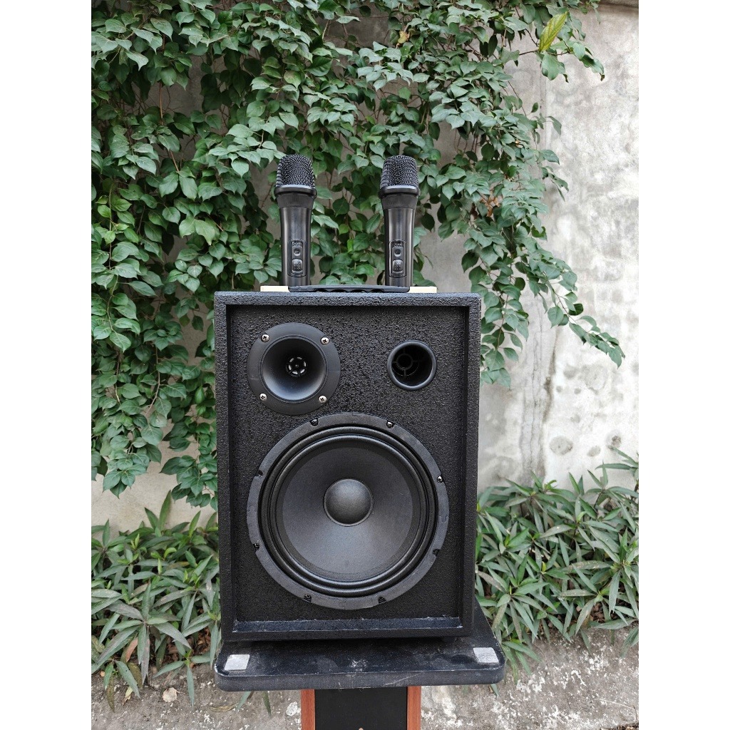 Loa xách tay TK V2 karaoke đen kèm 2 micro không dây, bass 20, vỏ gỗ dày, âm thanh chất lượng cao, kết nối bluetooth, usb, thẻ sd, các nút chỉnh vang bổng