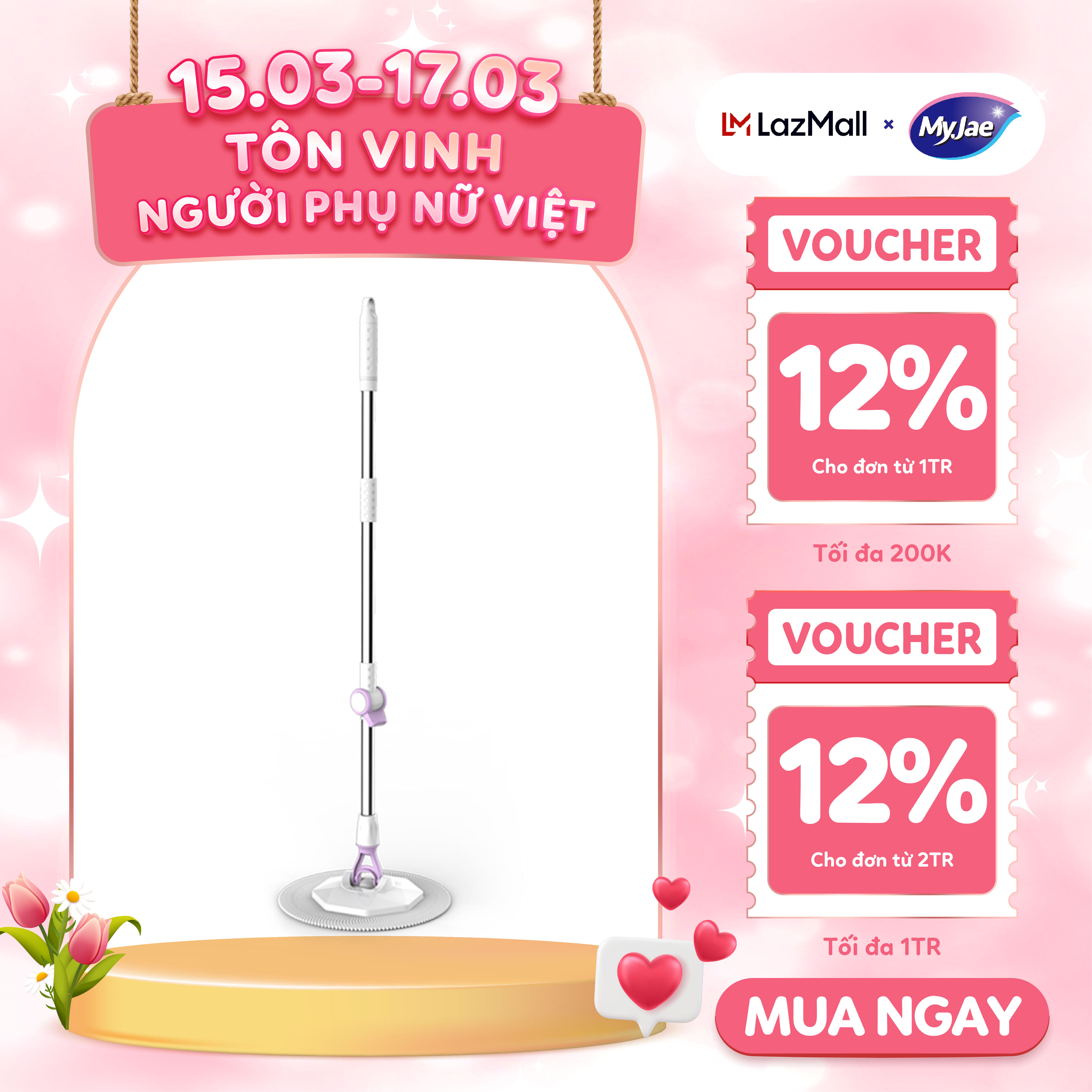 [FLASH SALE 16.3] Cây Lau Nhà Đơn MyJae Sợi Microfiber Xoay 360 Độ Phù Hợp Cho Nhiều Loại Thùng Lau 