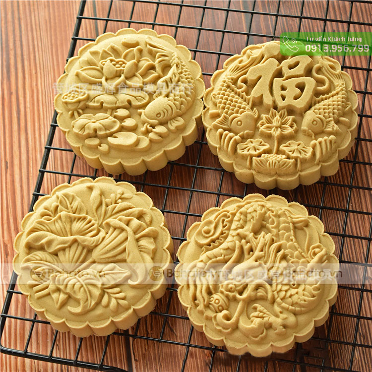 Khuôn bánh trung thu lò xo 4 mặt tròn rồng, hoa sen, cá chép, lily 150g | 200g