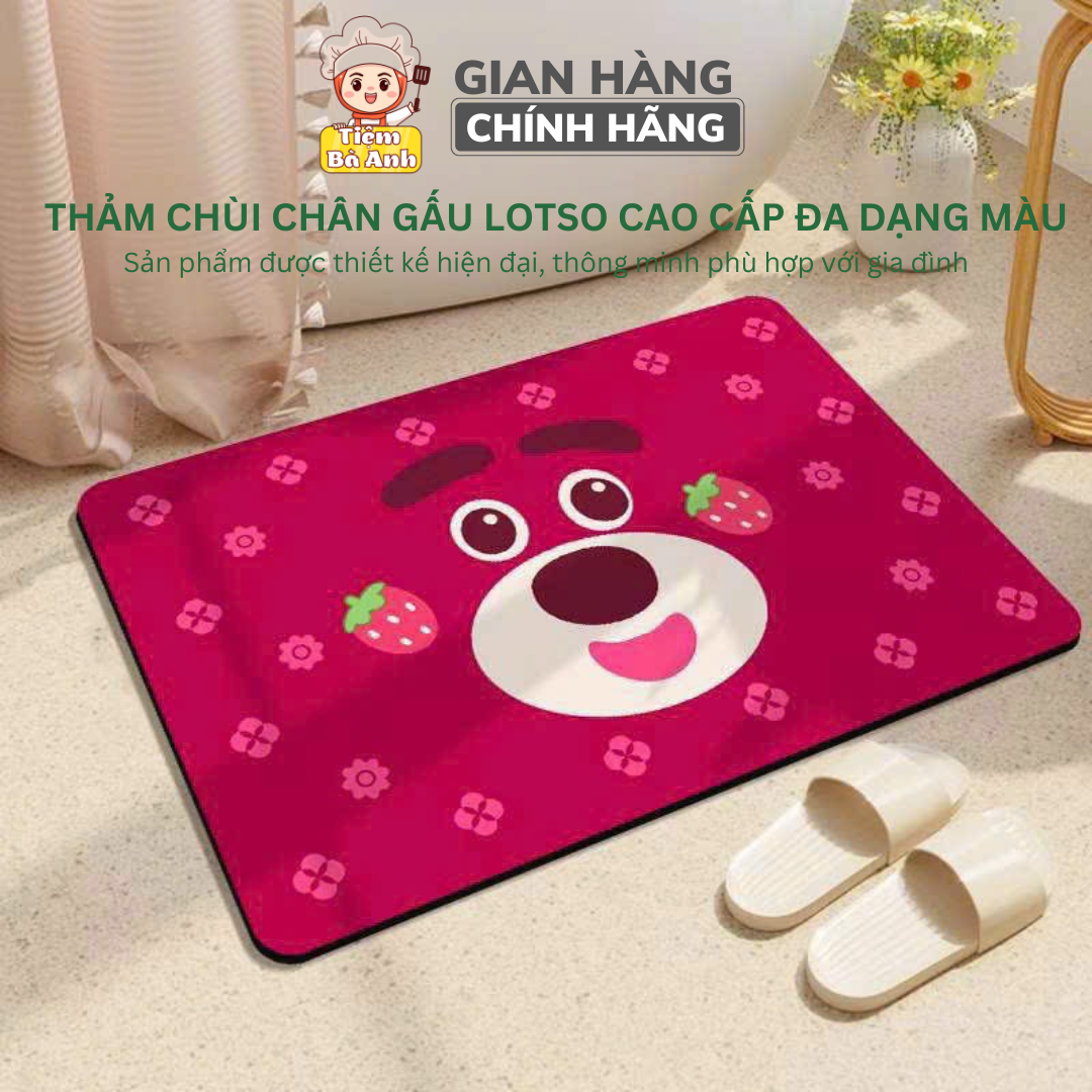 Thảm lau chân 3D gấu dâu hồng chống chơn trượt, chất liệu vải mềm mại, giao hình ngẫu nhiên