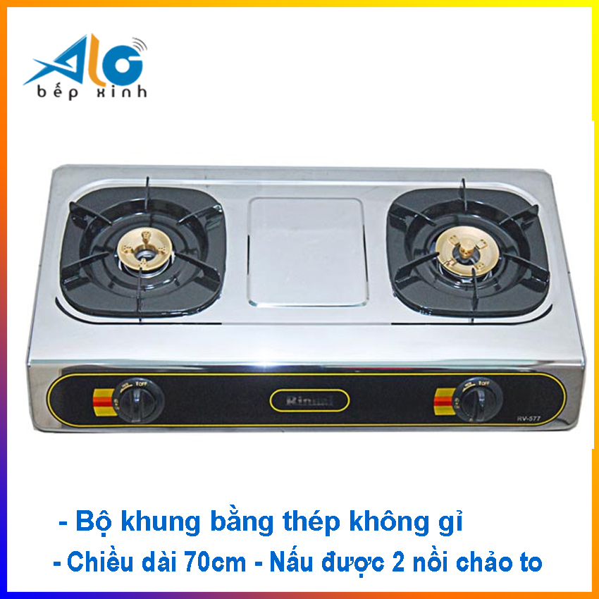 Bếp gas Rinnai RV-577(BK) - RV-577BK - Mặt inox - Có đầu lửa hâm -  Dài 7 tấc - BH 2 năm - Alo Bếp Xinh
