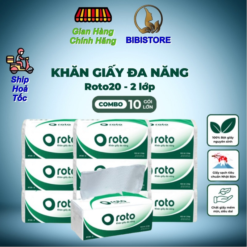 Combo 10/20 Khăn giấy rút lau tay đa năng cao cấp 2 lớp Roto RT20-2 Gói 102 tờ (Bibistore TB)