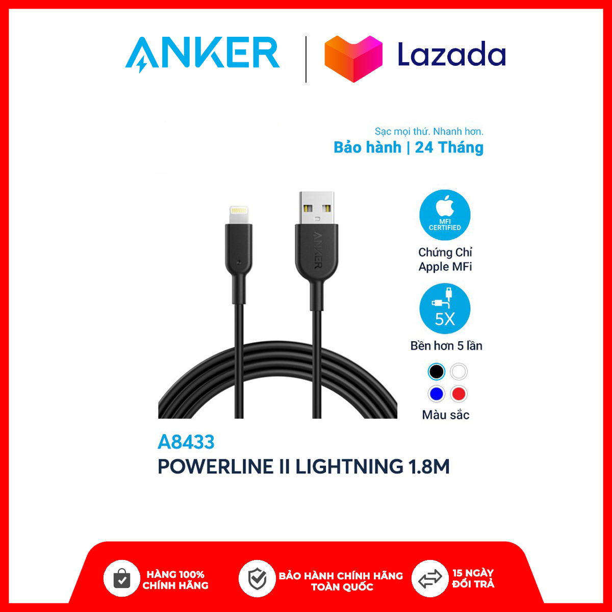 Cáp sạc anker powerline ii lightning cho iphone ipad- dài 1.8m - a8433