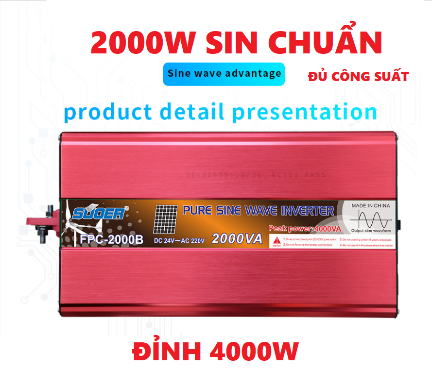 Bộ đổi điện sin chuẩn Suoer 2000w 24V sang 220V - FPC-2000B ĐÚNG CÔNG SUẤT