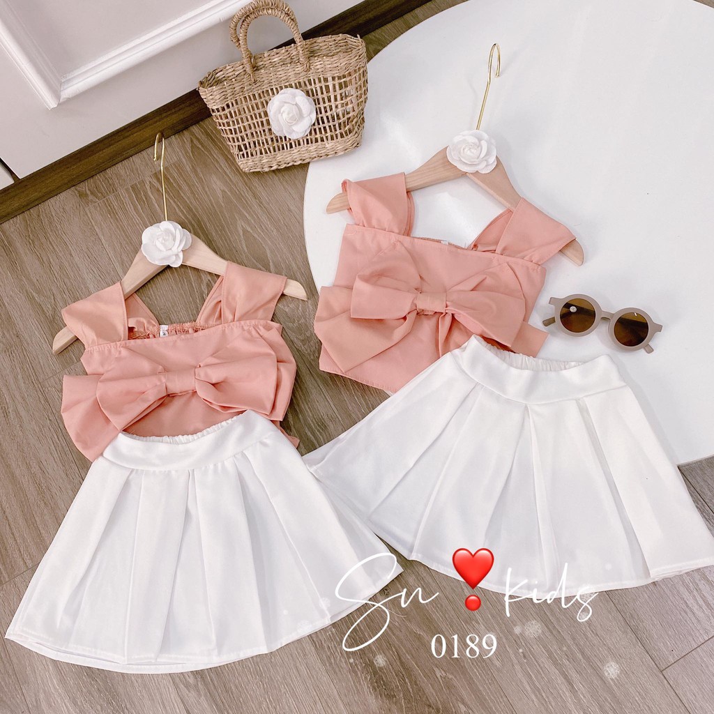 Set áo hồng chân váy trắng dập ly bé gái mã s7