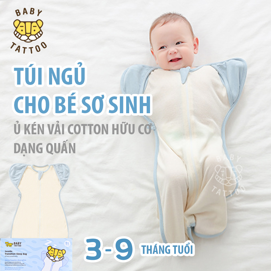 Baby tattoo túi ngủ, ủ kén vải cotton hữu cơ dạng quấn cho bé sơ sinh từ 3-9 tháng tuổi