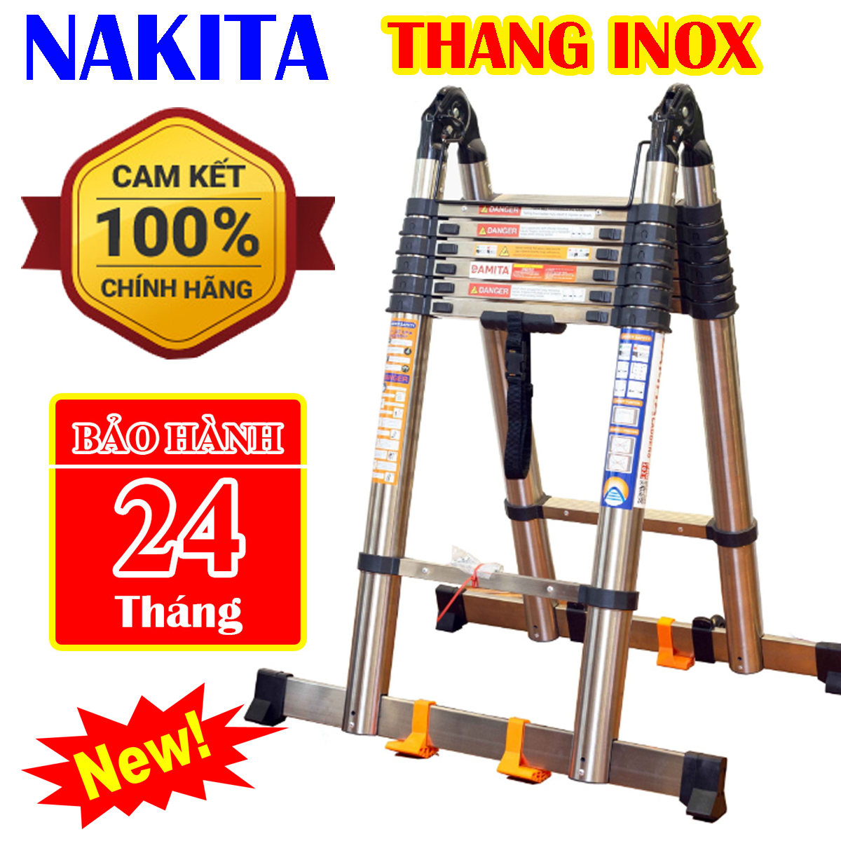 Thang rút chữ A INOX NAKITA chiểu cao chữ a 1,6m - 1,9m - 2,2m - 2,5m - 2,8m - 3,2m